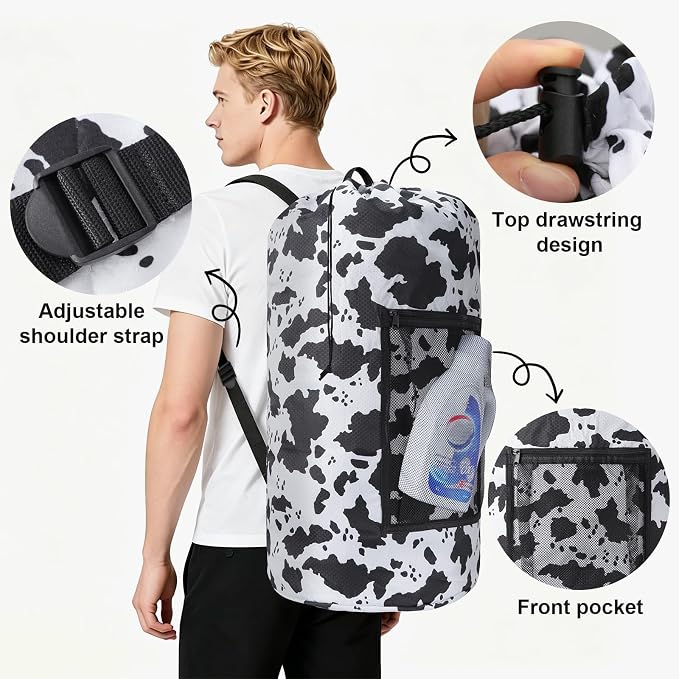 Laundry Bag Backpack Durable Laundry Bag with Shoulder Straps and Mesh Pockets Portable Laundry Hamper Dirty Clothes Bag for College, Travel, Laundromat, Apartment (Cow Print)