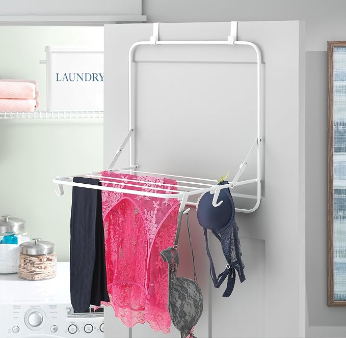 Whitmor Over The Door Folding Drying Rack, Space Saving Clothes Drying Rack with Hooks, Heavy Duty Foldable Laundry Rack, Rust Resistant Steel Hanging Drying Rack for Most Doors