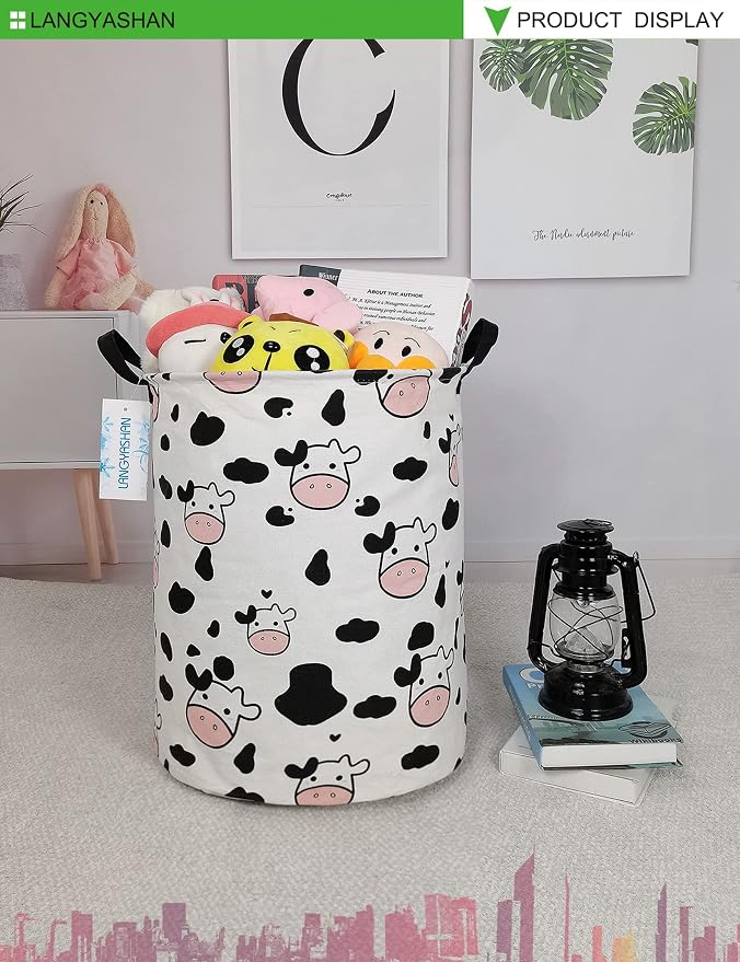 Round Laundry Basket Collapsible Storage Hamper Organizer Spotted Cow | Waterproof Canvas Foldable Baskets with sturdy Handles Multi-scene Organizer for Home Play Bedroom Gift Bin