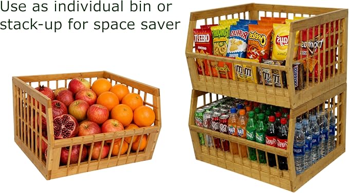 Bamboo Stackable, Open Front, Large Storage Bins - Lattice Design Set of 3
