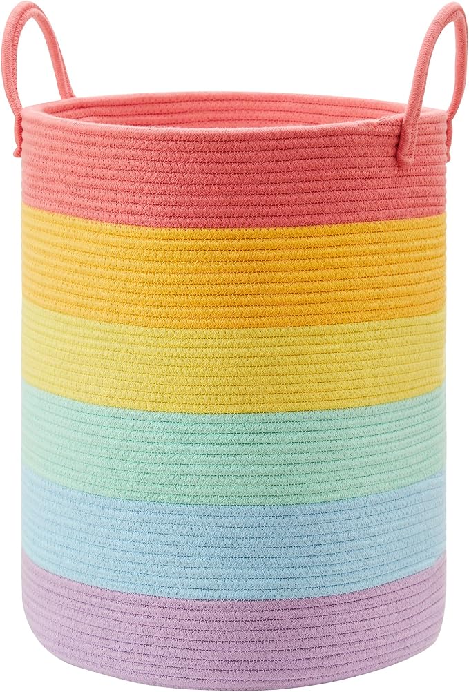 60L Large Rainbow Hamper Tall Woven Rope Laundry Basket for Kids | Nursery Baby Girls Toddler Clothes Blanket Toy Storage Unicorn Hamper in Playroom Bedroom 15"Dx20"H