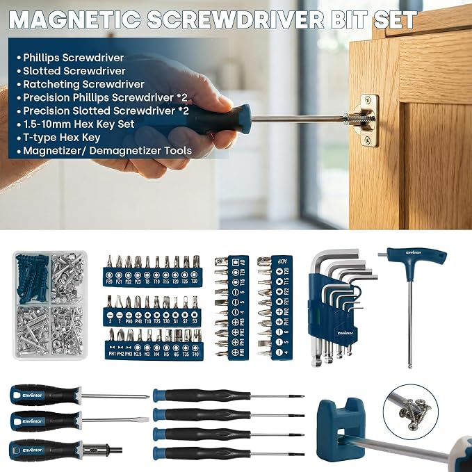 Enventor Tool Set with Molded Storage Case, 220 Pieces, Blue | 24-tooth Ratchet, Metric Sockets, Extension Bar and Adapter, for Home Repairs, DIY Projects and Auto Maintenance
