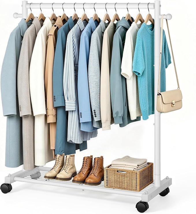 AOODA Short Clothing Rack for Hanging Clothes, Metal Small Clothes racks With Shelves, Heavy Duty Rolling Garment Racks on Wheels for Closet, Wardrobe (White)