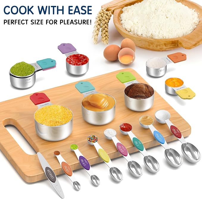 Magnetic Measuring Cups and Spoons Set, 6 Nesting Stainless Steel Measuring Cup Set with Easy to Read Markings, 7 Magnetic Measuring Spoons & 1 Leveler for Measuring Dry or Liquid Ingredients