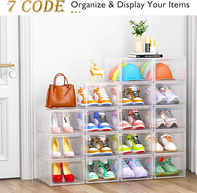 7 code Large Clear Shoe Boxes Organizer【Thicker Material】 Stronger Shoe Box with Magnetic Door, Stackable Shoe Storage Box for Closet, Foldable Space-Saving Storage Bins Shoe Cabinet, White 9 Pack | Foldable Shoe Storage Boxes for Sneakers & Boots, Spa...