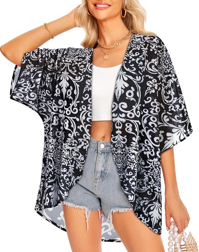 Women Kimono Cardigans Summer Cover Up Hawaiian Shirts Floral Print Tops | ROSEMIA chiffon kimono open front cardigans, beach cover ups, daily casual tops, cruise outfits, summer resort wear