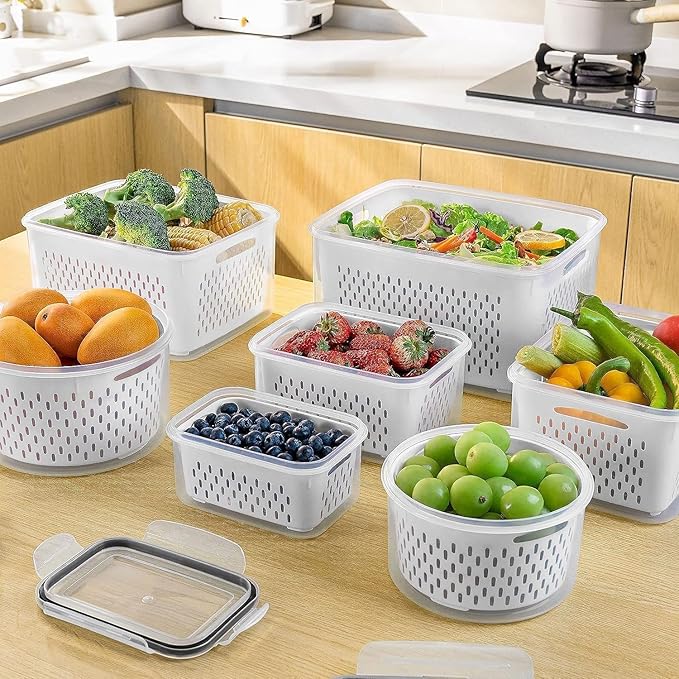 4 PCS Fruit Storage Containers for Fridge, Leakproof Produce Containers | For Fridge with Removable Colander, Microwave/Dishwasher Safe Fruit Washing Bowl Keep Fruits, Vegetables, Berry Fresh longer