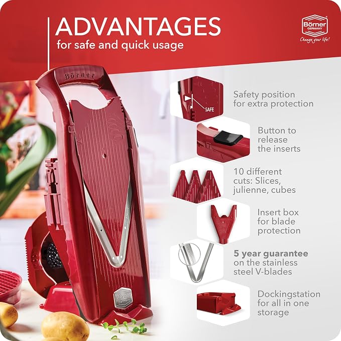 Mandoline Food Slicer Börner V5 (Profi Set) by Reston Lloyd • V-Slicer with 4 Inserts, Docking Station & Food Holder • Made in Germany • Fruit & Vegetable Chopper • Multiple Settings • Color: Red