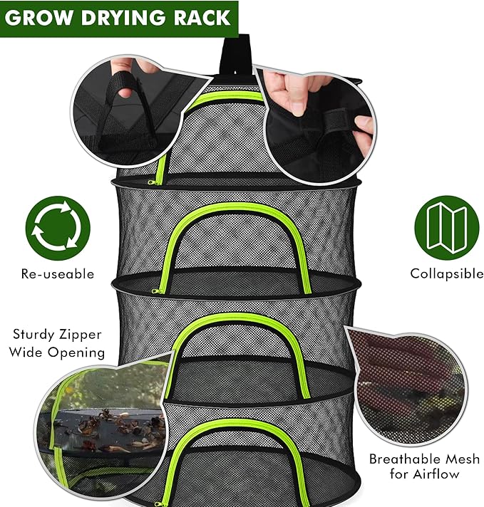 Herb Drying Rack Hanging Mesh 4 Layer 18" with Zipper, Garden Pruning Shear, Hook & Carabiner Clip for Drying Herbs, Plants, Seeds, Buds | Hydroponics & Grow Tents Herb Dryer Hanging Rack