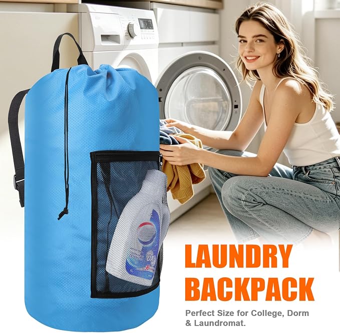 Laundry Bag Backpack Durable Laundry Bag with Shoulder Straps and Mesh Pockets Portable Laundry Hamper Dirty Clothes Bag for College, Travel, Laundromat, Apartment (Blue)