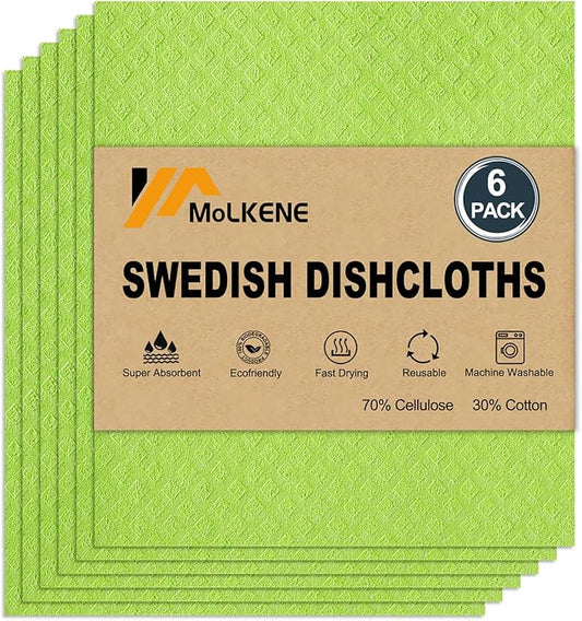 MoLKENE Swedish Dishcloths for Kitchen | 6 Pack Absorbent Cellulose Sponge Cloths Washable | Non-Scratch Reusable Paper Towels Quick Drying Cleaning Cloths - Lime Green