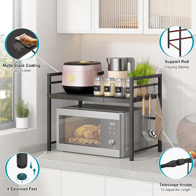 DOLALIKE Microwave Oven Rack, Expandable Microwave Stand Countertop Kitchen Utensils Tableware Storage, Carbon Steel Over Microwave Shelf Countertop with 3 Hooks | Adjustable Microwave Oven Rack Metal Storage Shelf for Pans Small Appliances Kitchen Ute...