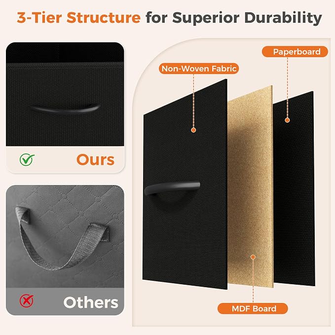 Sweetcrispy Tall Fabric Dresser for Bedroom, 6 Drawer Chest of Drawers | Narrow Storage Tower with Wood Top and Metal Frame, Vertical Nightstand for Closet, Bedroom Organization Furniture, Black
