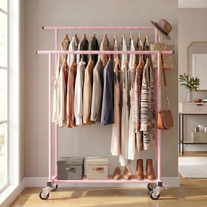 Calmootey Rolling Garment Rack with 2 Rods, Clothes Organizer for Bedroom | High-Low Rods, Two Lockable Wheels, Sturdy Metal Frame, Space-Saving, Fits Laundry, Living Room, Pink