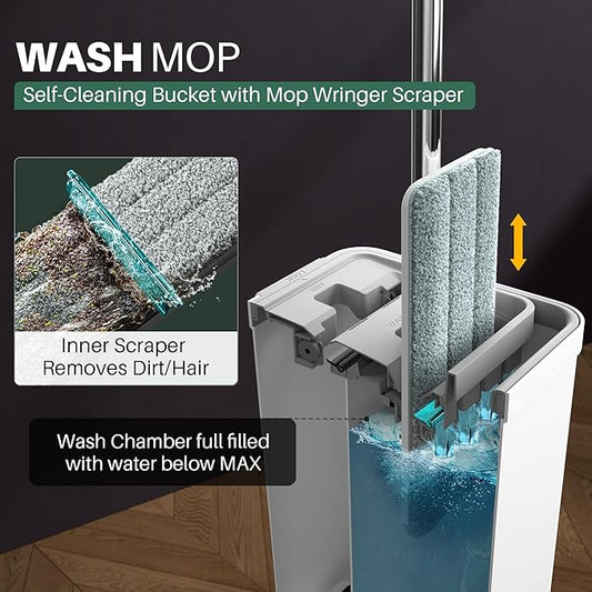 JOYMOOP Mop and Bucket with Wringer Set, White Flat Squeeze Mop Bucket Set for Floor Cleaning, Wet Dry Mop for Walls, Wall Cleaner with Long Handle, Hardwood Floor Mop-5 Microfiber Cloths