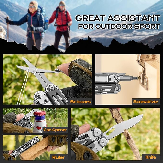 BIBURY 22-in-1 Titanium Plated Multitool Pliers with Scissors,Self-locking | Stainless Steel Foldable EDC Multi tools Pliers with Sheath for Outdoor Hunting Survival Camping Simple Repair