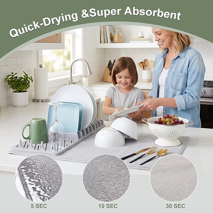 2-in-1 in Sink Dish Drying Rack with Dish Drying Mat,Collapsible Dish Drying Rack with Mat,Space-Saving Dish Rack for Kitchen Counter,Quick Dry Dish Drainers for Kitchen Sink (Grey White)