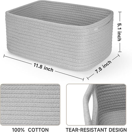 3-Pcs Shelf Baskets for Organizing, Closet Organizer Bins, Small Woven Baskets, Rope Toy Basket, Storage Basket for Shelves, Cube Decorative Box, 11.8×7.8×5.1”, Grey