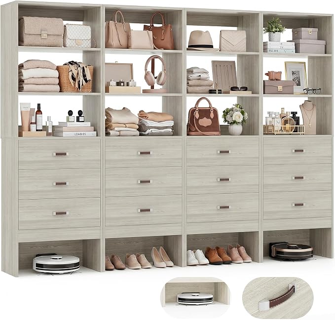 8FT Closet System with Leather Handles, 96" Walk-in Closet Storage Unit with Cabinet, Wood Wardrobe Closet Organizer and Storage with 12 Drawers, Set of 4, White Oak