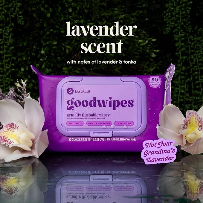 goodwipes Flushable Wipes Bulk Pack, Lavender Adult Wet Wipes for Women & Men, Sewer & Septic Safe, Toilet & Bathroom Essentials, Extra Large, 418 Count (8 Packs and 1 Travel Pack)