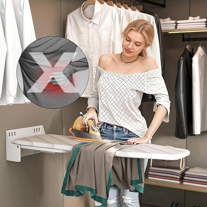 MYOYAY Wall Mounted Ironing Board 12 x 37 Inch Space-Saving 180° Swive Fold Away Ironing Board with Heat Resistant Cover for Home House Held Laundry with Manual，White