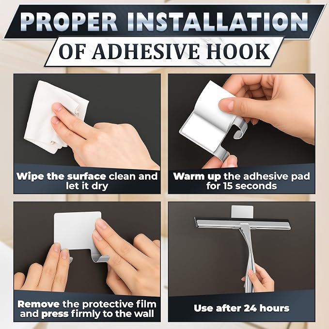 10" Silver Shower Door Squeegee - Stainless Steel Shower Squeegee for Streak-Free Bathroom Glass with Silicone Blade, Adhesive & Hanging Hooks for Mirror, Tile, Window, Car, Multi-Surface Everyday Use