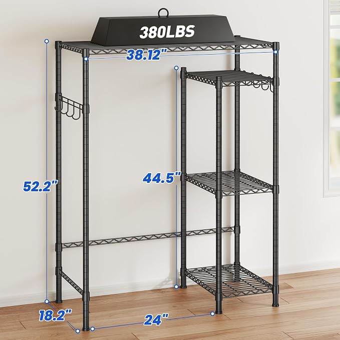 REIBII Mini Fridge Stand with Storage, 4-Tier Adjustable Shelves, 380 lbs | With 8 Hooks, Fits Mini Fridge & Kitchen Appliances, Heavy Duty Steel Frame, Easy Tool-Free Assembly, Dorm & Pantry