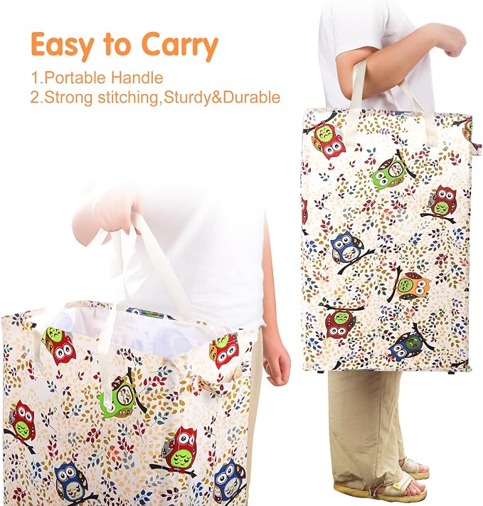 Odonata Slim Laundry Hamper Handles Collapsible Laundry Basket Thin Dirty Clothes Basket Narrow Laundry Bag Foldable Dirty Hamper 48L (Owl)
