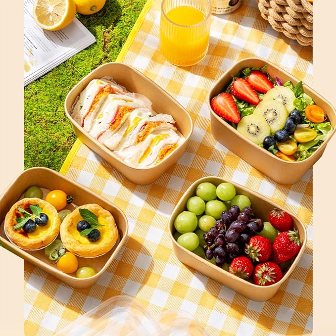 50 Pack 22Oz Disposable Meal Prep Containers With Lids and Forks-Disposable Kraft Paper Bowls-to go food containers-Microwavable and Freezer Safe Take Out Containers for Hot/Cold Food Prep and Salad