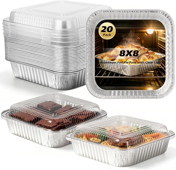 8x8 Aluminum Foil Pans with Clear Lids - 20 Pack Square Disposable Baking Cake Pans Tin Foil To Go Food Containers for Cooking, Heating, Storing, Meal Prepping