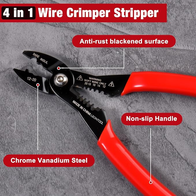 4-in-1 Multi Purpose Electricians Pliers, 7" Compact Wire Stripper | Wire Stripper Cutter Crimper Gripper, Cr-V Steel, Professional Crimping Tool, for 12-20 AWG Insulated & Non-Insulated Wires