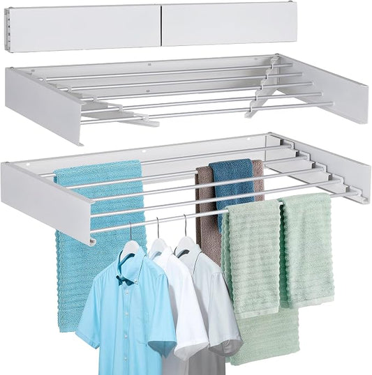FOCHIER F Laundry Drying Rack Wall Mounted Clothes Drying Rack Collapsible with 5 Aluminum Rods and Drilling Template Long Screwdriver Bit 60 lbs Capacity (White, 31.5")