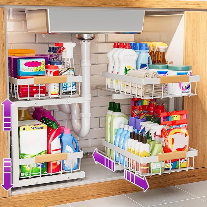 ADBIU Under Sink Organizer 2 Pack, Adjustable Height (11"-15.75") Under Cabinet Storage, 2 Tier Pull Out Sliding Drawers for Kitchen Bathroom, Heavy Duty Metal Shelf, White