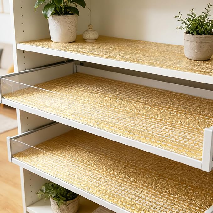 Drawer and Shelf Liner - Gold Geometric Lace Pattern,Non Adhesive | Non Slip Waterproof Easy-Clean Shelf Liner for Kitchen Cabinet, Bathroom, Pantry Storage Drawers, 17 in x 20 Ft