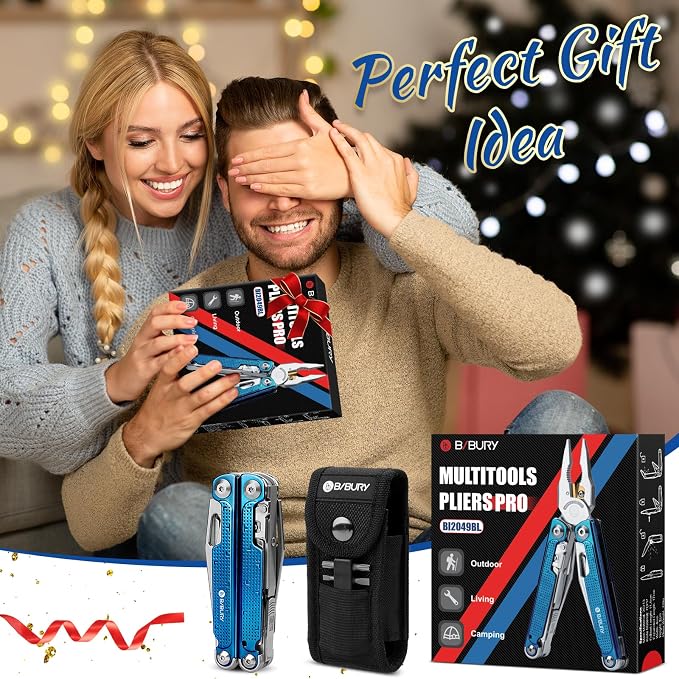 BIBURY Multitool Pliers BI2049BL with Blue Titanium Handle, EDC Multi Tool with Replaceable Wire Cutter, Full-Size Scissors and Screwdirver Set, Heavy Duty Hand Tool for DIY, Repair, Camping, Survival