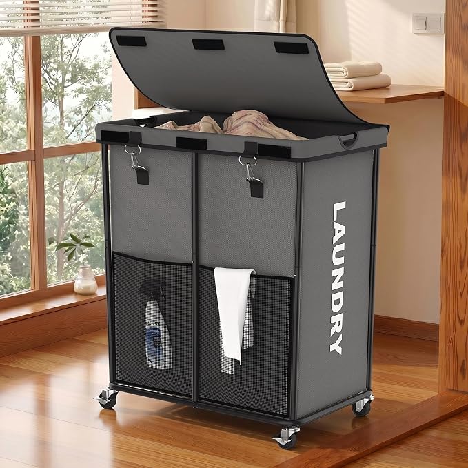 Laundry Hamper with Wheels and Lid, 225L Large Rolling Laundry Basket Gray | Heavy Duty Clothes Organizer, Sturdy Metal Frame, Lockable Swivel Casters, Removable Bag, For Bedroom, Bathroom, Laundry Room