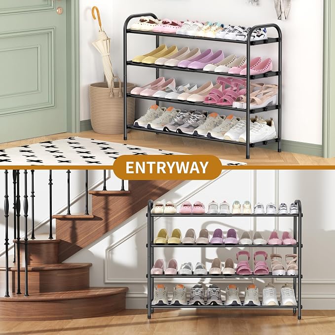 Hleelomi 4-Tier Expandable Shoe Rack, Black | Adjustable Metal, For Entryway, For Closet, For Living Room, For Dorm