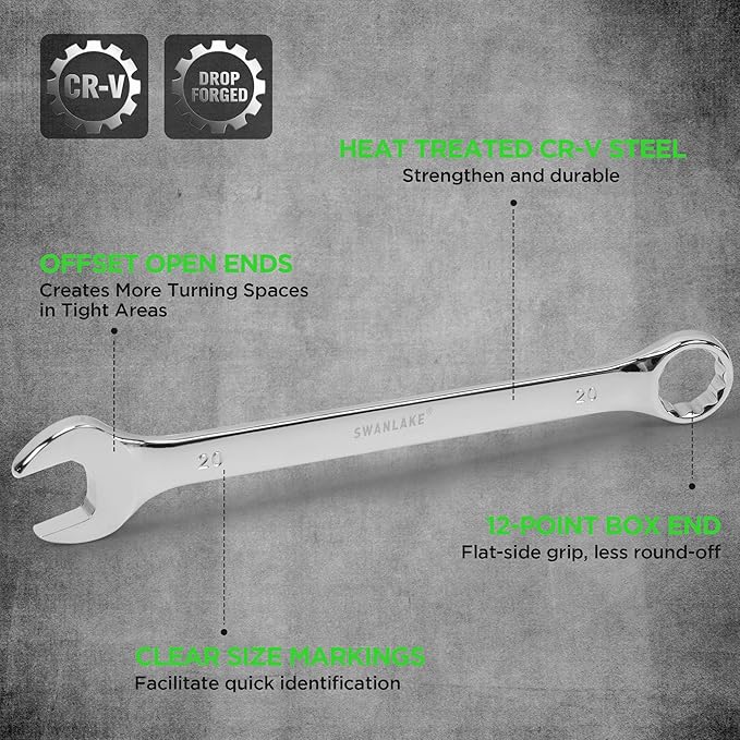 SWANLAKE 15-Piece Metric Combination Wrench Set, 12-Point Max Torque Open End Wrench Set, Cr-V Steel Wrenches 8, 9, 10, 11, 12, 13, 14, 15, 16, 17, 18, 19, 20, 21, 22mm with Storage Rack