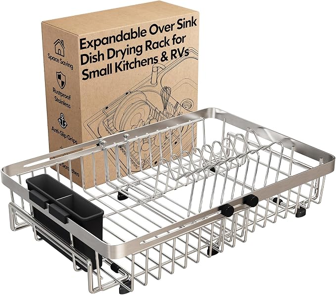 MAJALiS Dish Drying Rack Over The Sink with Utensil Holder | Expandable Stainless Steel Dish Drainer for Small Kitchen, Apartment, RV, Counter Space Saving, Perfect Fit, Rustproof