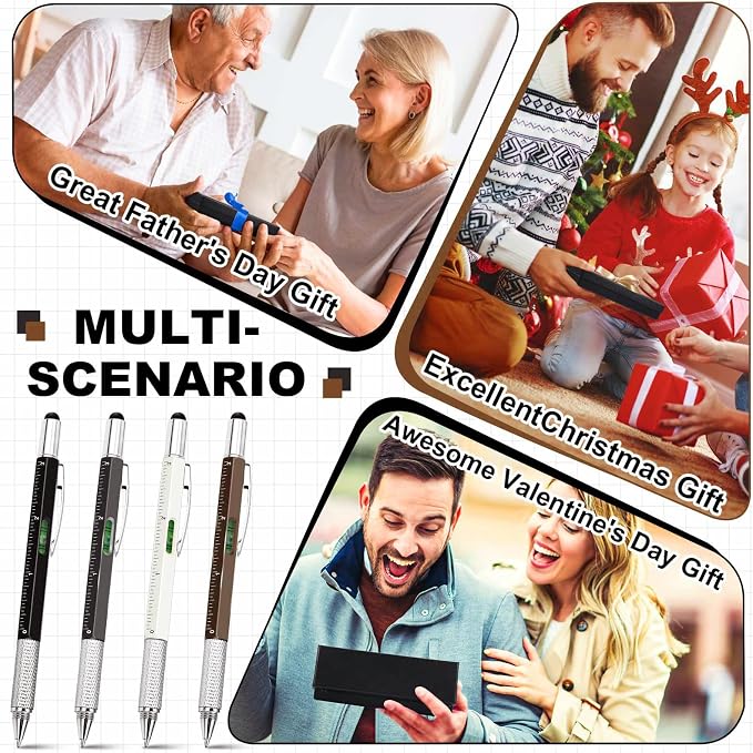 Zhanmai 16 Pcs 6 in 1 Multitool Pen Bulk Gift for Men Multi Tool Pen with Ruler Level Screwdriver Stylus Cool 40 Ink Refill Tool Gadget Birthday Christmas Stocking Stuffers (Black Gray Brown White)