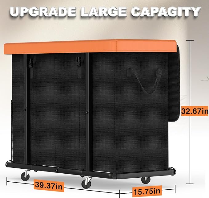 Laundry Basket with Wheels, 300L Leather Patchwork Laundry Sorter 4 Section | Sturdy Metal Frame, Removable Washable Bag, Tall Clothes Sorter for Bedroom - Black