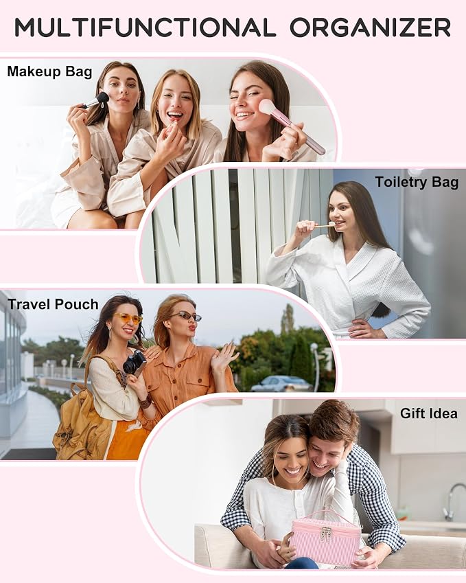 Relavel Large Makeup Bag, Portable Pink Cosmetic Bag for Girls, Dual-layer Makeup Pouch with Brush Holder, Multi-Functional Preppy Toiletry Organizer for Travel, Daily Use - Pink Strip