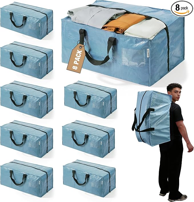 WORKPRO 8 Pack Extra Large Moving Bags with Zippers & Carrying Handles Backpack Straps, Heavy-Duty Storage Tote for Space Saving & Storage, Alternative to Moving Box (Dusty Blue)