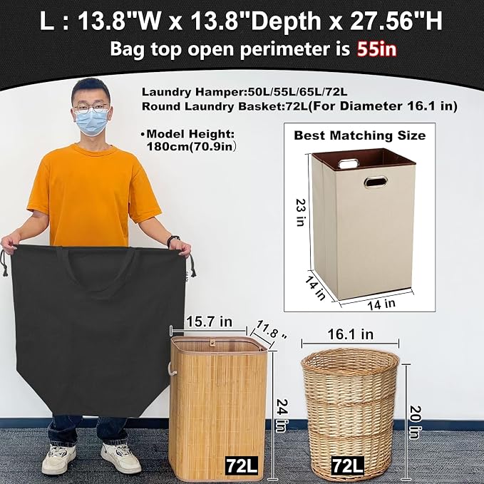 Canvas Laundry Bags with Handles & Square Base 13.8"Wx13.8"Dx27.6"H, Black | Large Heavy Duty Laundry Hamper Bag, Washable Drawstring Dirty Clothes Sack for College Dorm, Home Storage