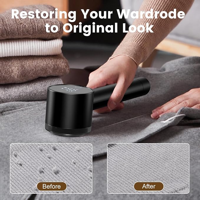 Rechargeable Fabric Shaver Defuzzer with Lint Roller, 2 Extra Blades, Black | Sweater Shaver, Electric Fuzz Remover, Magnetic Cap, Digital Display, for Clothing Furniture Couch