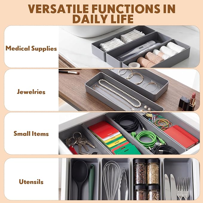 Teling 6 Pcs Grey Large Rectangular Desk Organizer Set, Half Accessory Tray, Plastic Tabletop Organizer for Office, Home, or Study, Dimensions: 9.45 x 2.95 x 1.38 Inches