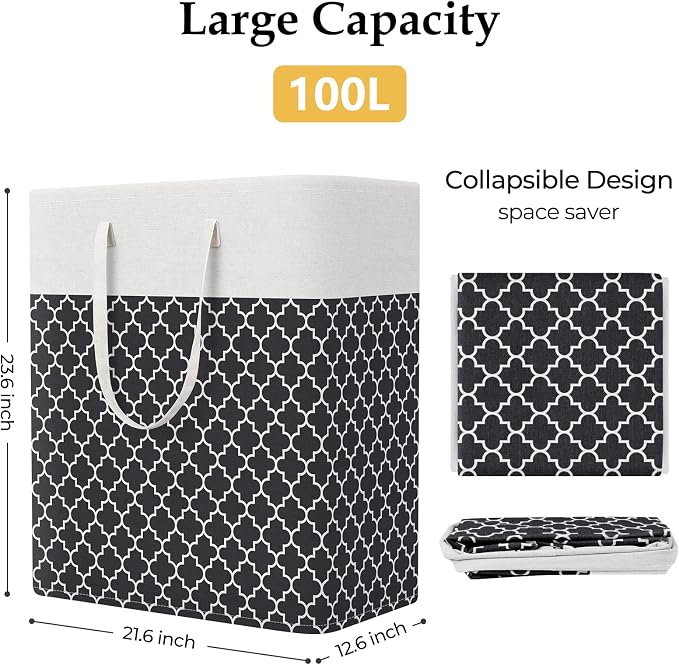 StorageRight Laundry Basket Hamper, 100L Clothes Storage, Clover Black | Freestanding Clothes Hampers, Foldable design, with Easy Carry Handles, For Laundry, Bedroom, Dorm, Clothing, Towels, Toys