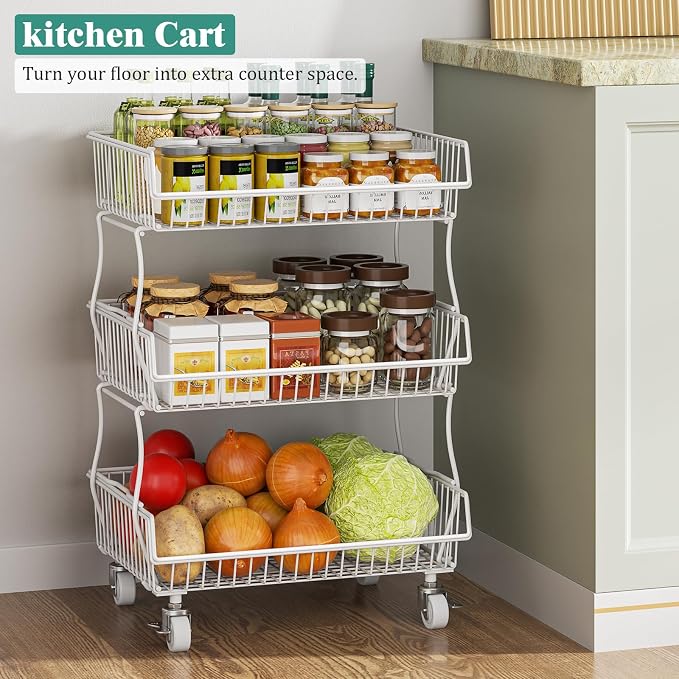 Giwil 3-Tier Rolling Pantry Organizers Fruit Vegetable Storage Basket Cart | 23.62"H under pantry shelf, metal frame, extra standing feet, kitchen produce wire basket for snack fruit onion potato, white