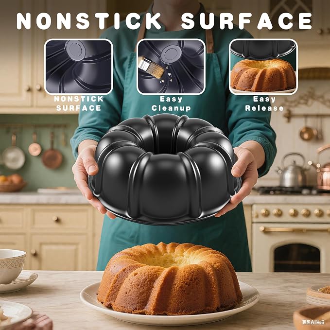 10” Cake Pan 2-PACK, Nonstick Round Cake Baking Pan, Buntz Pound Cake Mold,Tube Bakeware,Baking Mold for Jello/Gelatin/Chocoflan/Flan, Non Toxic, Easy Clean - Black
