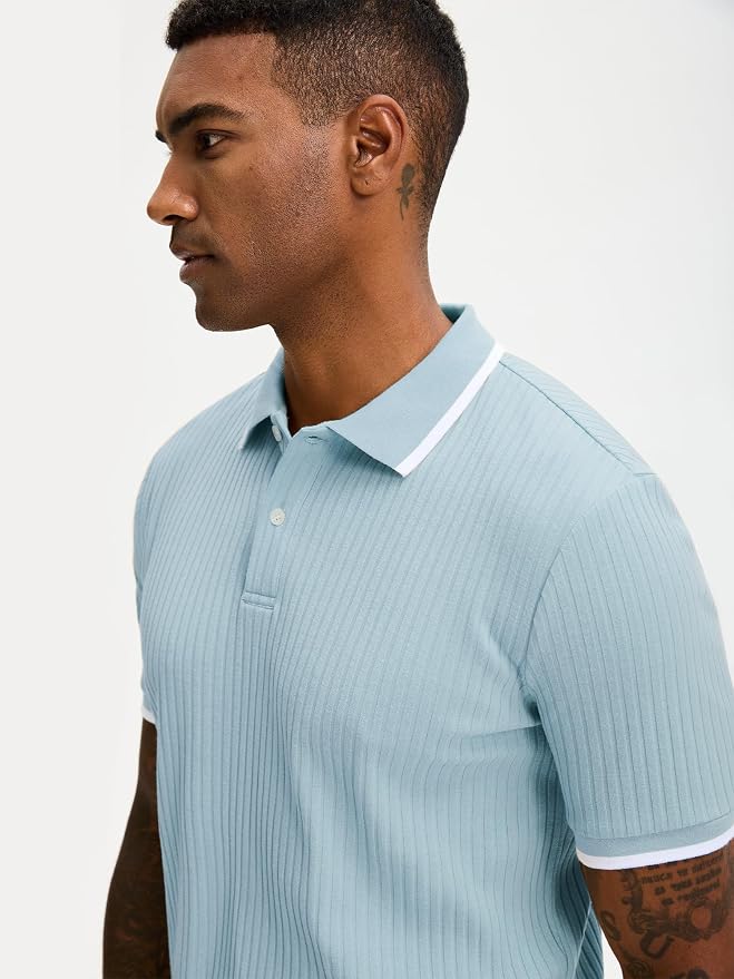 Comdecevis Men's Regular Fit Short Sleeve Knit Polo Shirts | Business casual, lightweight, breathable, stretch textured fabric, moisture wicking, easy care